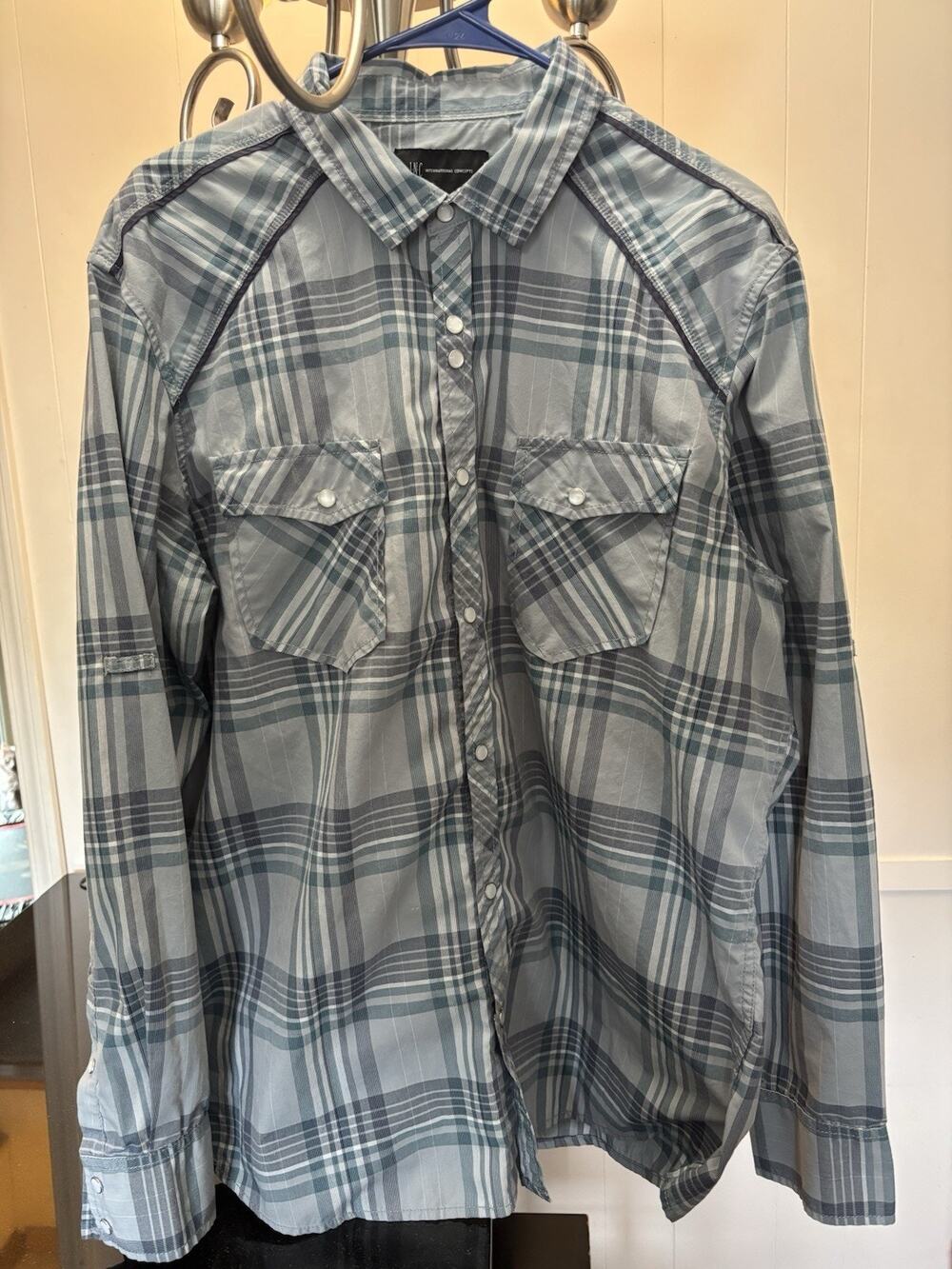Plaid Snap Button Long Sleeve Shirt XL Western Ranch Cowboy Core Mens Blue